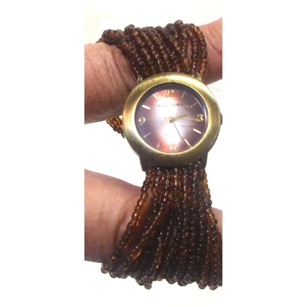 Maurices Quartz Amber Brown Beaded Band Wristwatch Women Antiqued Brushed Brass